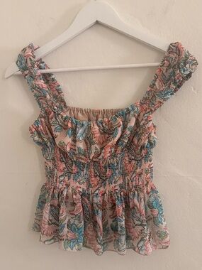 Smocked Floral Ruffle Tank Top - Pink & Blue